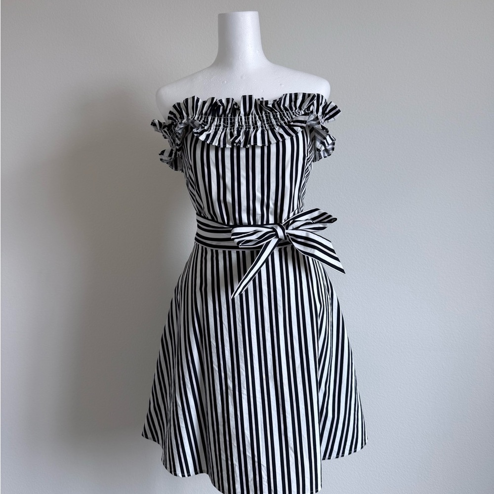 Kate Spade - Black and White Striped Off-Shoulder Dress